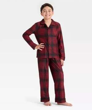 Boys' 2pc Plaid Holiday Long Sleeve Button-Down Pajama Set - Red Size L (10/12)